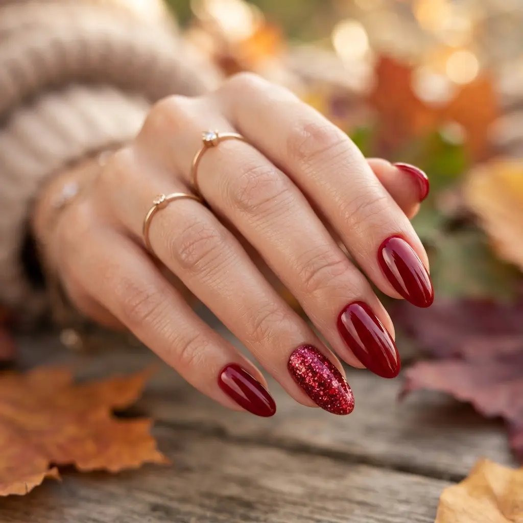 29 Red Fall Nail Designs That Make a Bold Statement 18 Red Glitter Accent