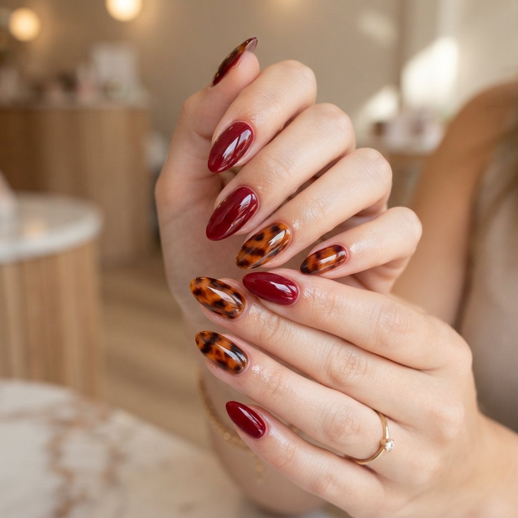  Red Tortoiseshell Almond Nails