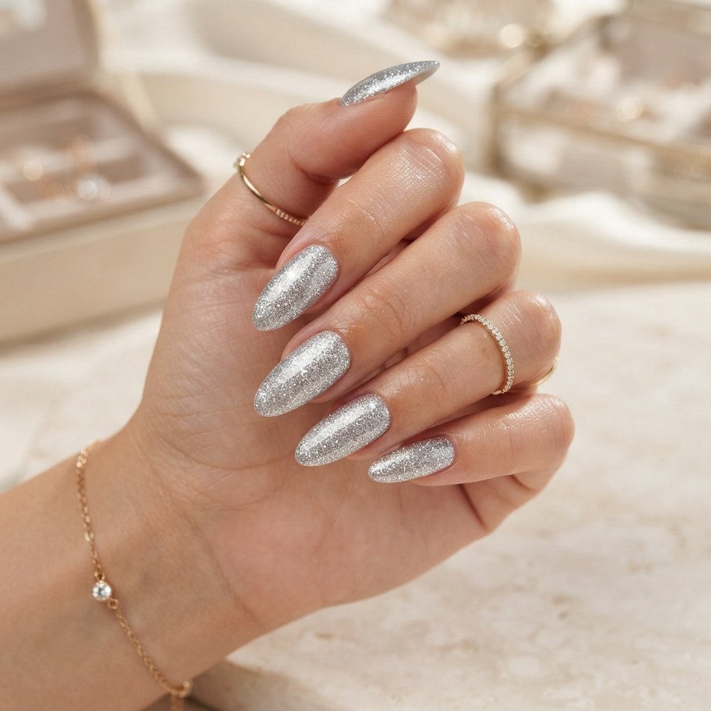 27 Long Almond Nails That Make a Stunning Statement 19 Silver Glitter Long Almond Nail