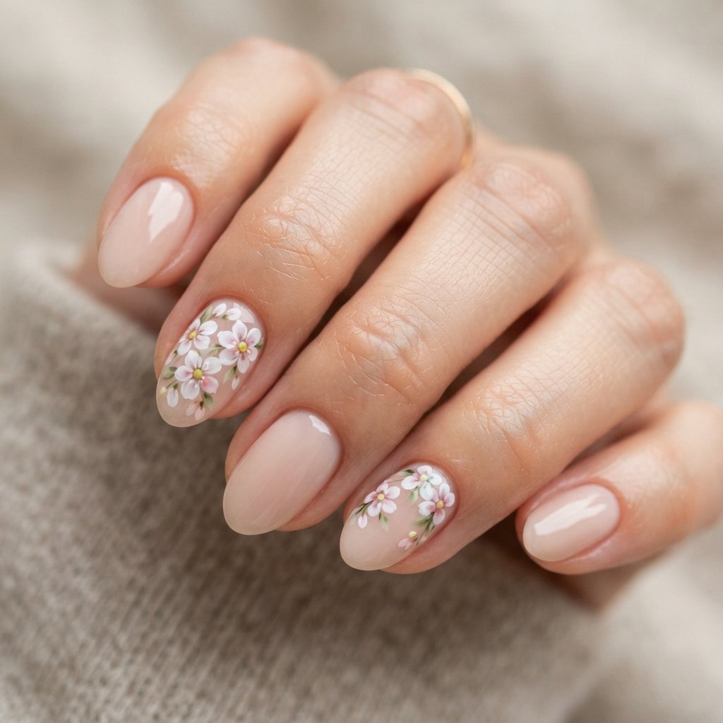 Short Almond Nails With Tiny Flowers