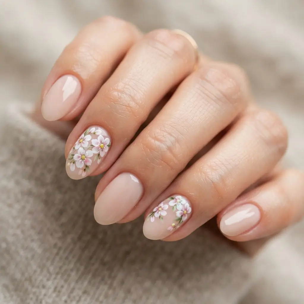  Short Almond Nails With Tiny Flowers