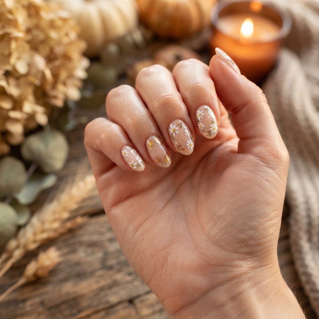 22 Cute Fall Nail Designs Everyone Will Love 3 Tiny White Daisy Nails