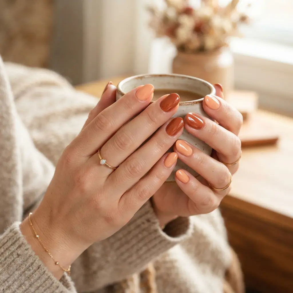 25 Summer to Fall Nail Designs Perfect for the Seasonal Transition 2 Peach and Terracotta Nails